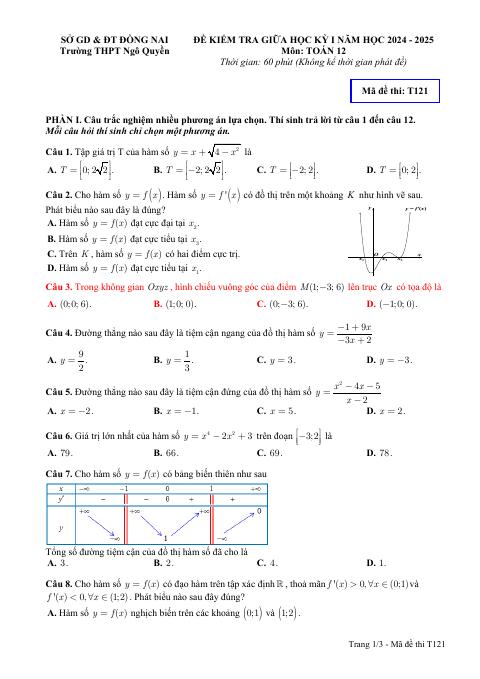 Đề thi Giữa kì 1 Toán 12 năm 2024-2025 trường THPT Ngô Quyền (Đồng Nai)